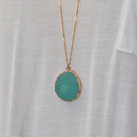 NWOT Extra Long Gold Teal Druzy Stone Boho Necklace - Picture 2 of 2